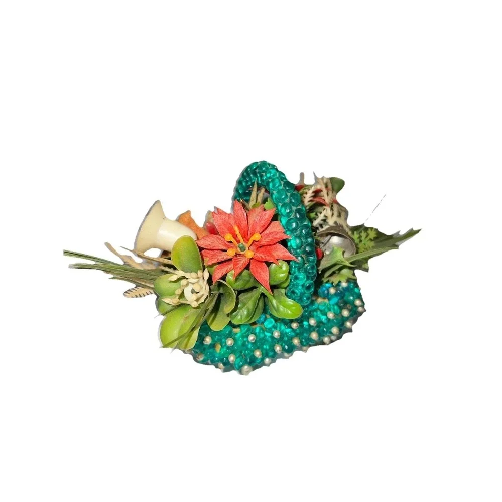 Vintage 60s Handmade Beaded Pin Basket Kitsch Floral Christmas Decor‎ MCM